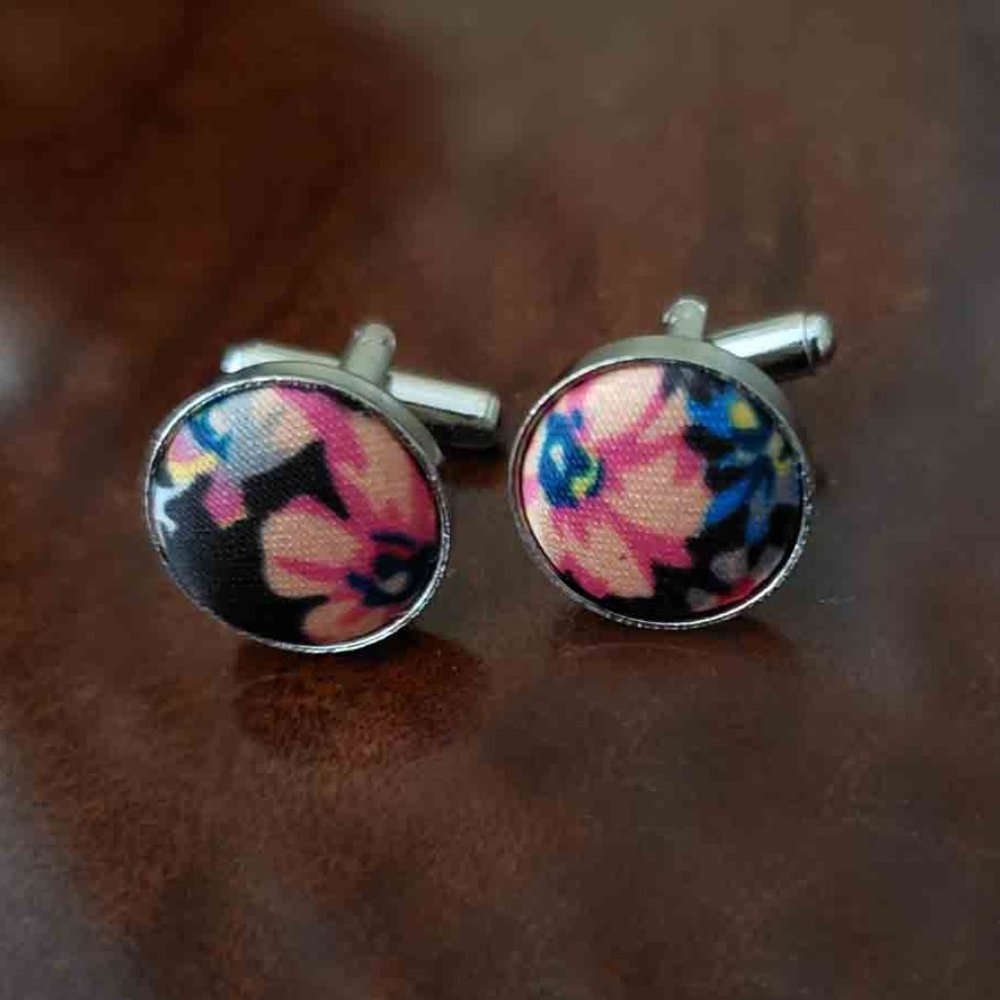 Gascoigne Cufflinks Metal With Silk Fabric Face Floral Silver Color